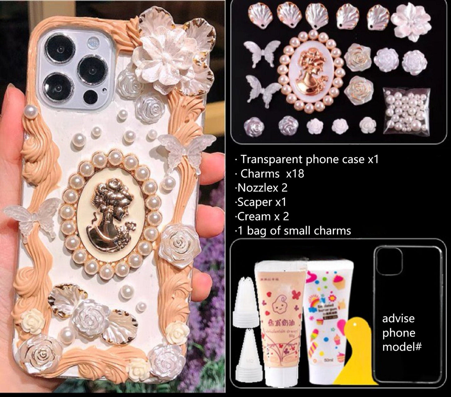 Decoden Custom Phone Case DIY Craft Kits | White Black Roses Butterflies Pearl Frame Gold Lady Charms | Samsung Android