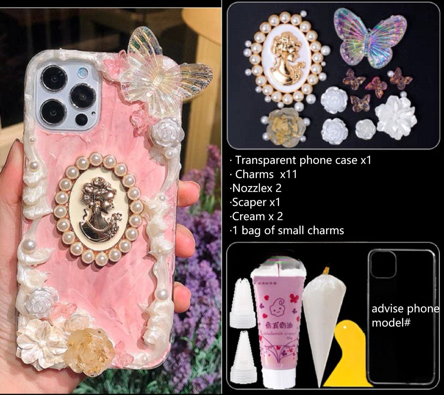 Decoden Custom Phone Case DIY Craft Kits | White Black Roses Butterflies Pearl Frame Gold Lady Charms | Samsung Android