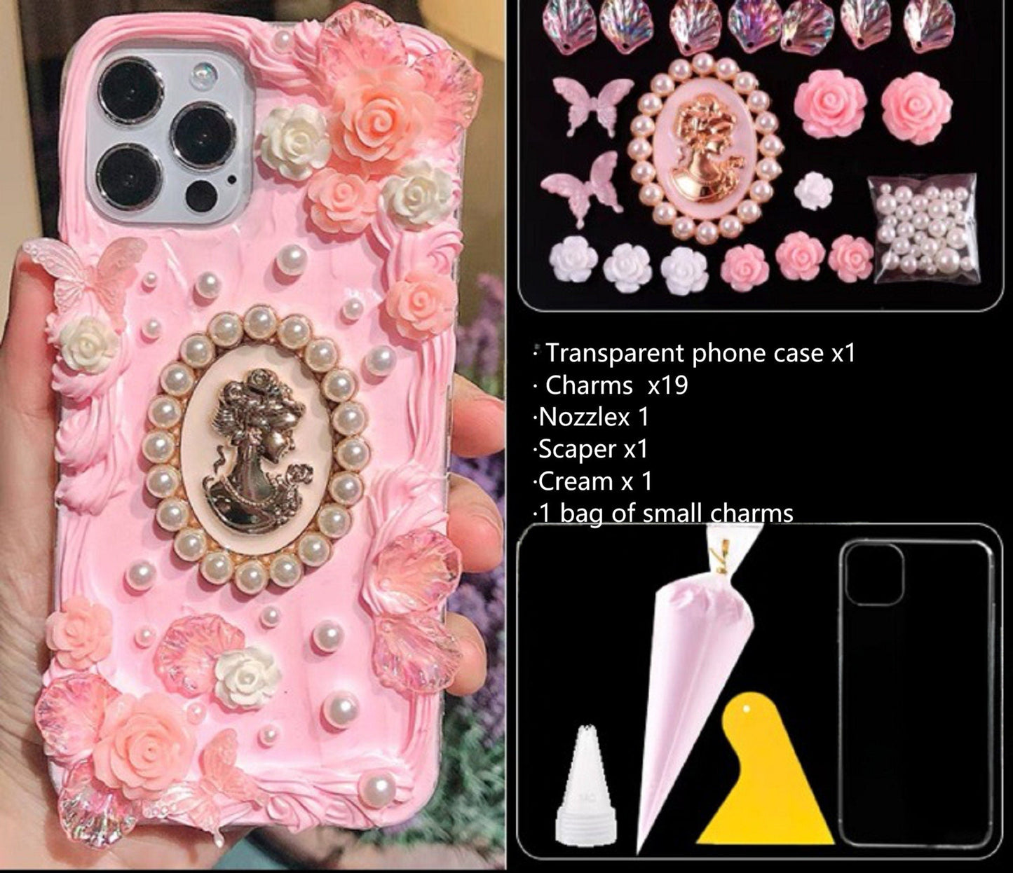 Decoden Custom Phone Case DIY Craft Kits | White Black Roses Butterflies Pearl Frame Gold Lady Charms | Samsung Android