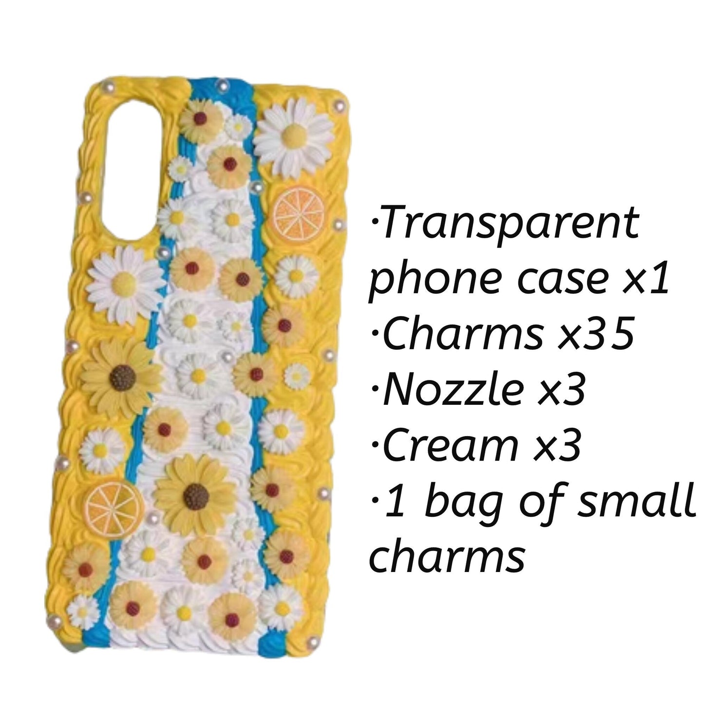 Decoden Custom Phone Case DIY Craft Kits | White Yellow Flowers Daises Orange Slices Pearls Charms | Samsung Android
