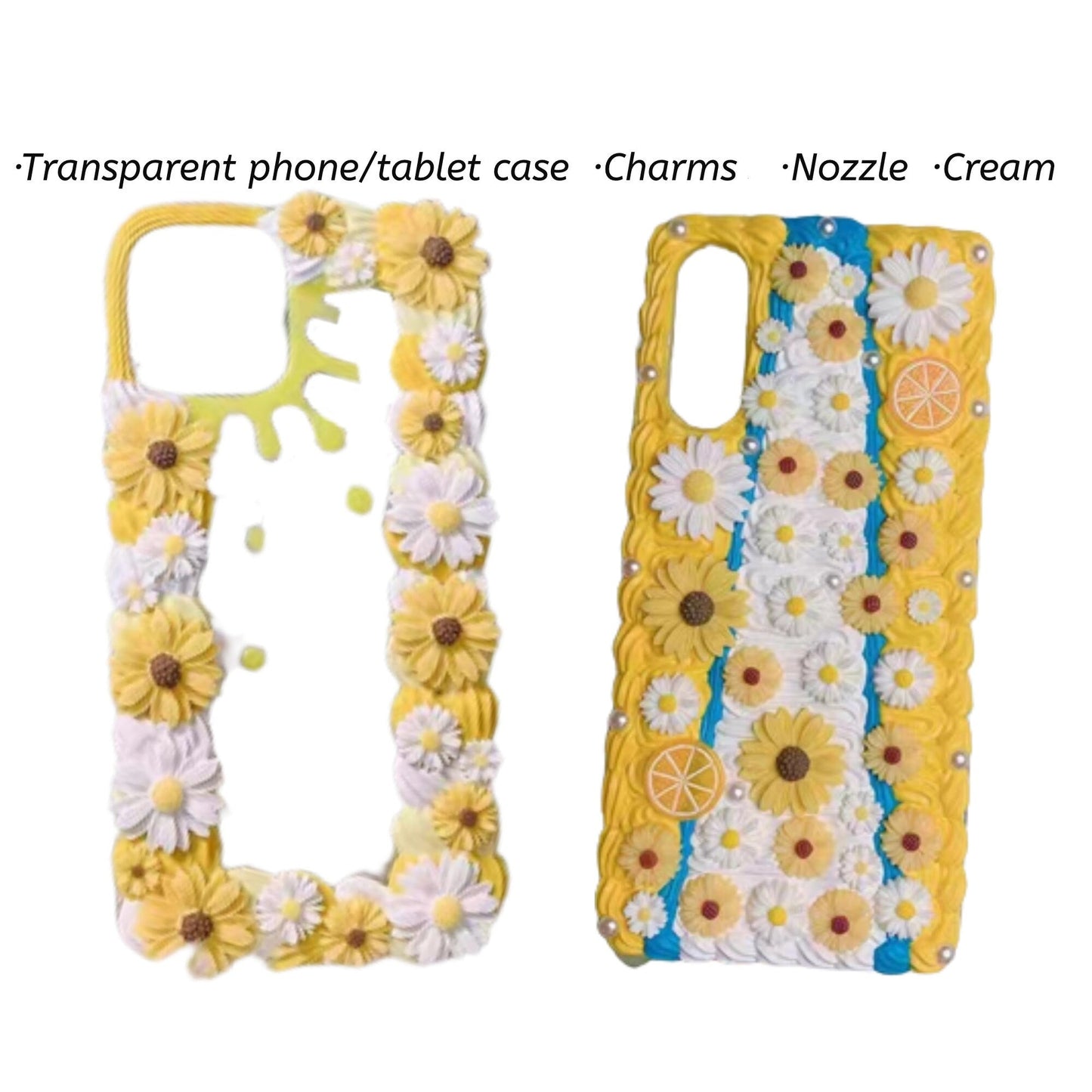 Decoden Custom Phone Case DIY Craft Kits | White Yellow Flowers Daises Orange Slices Pearls Charms | Samsung Android