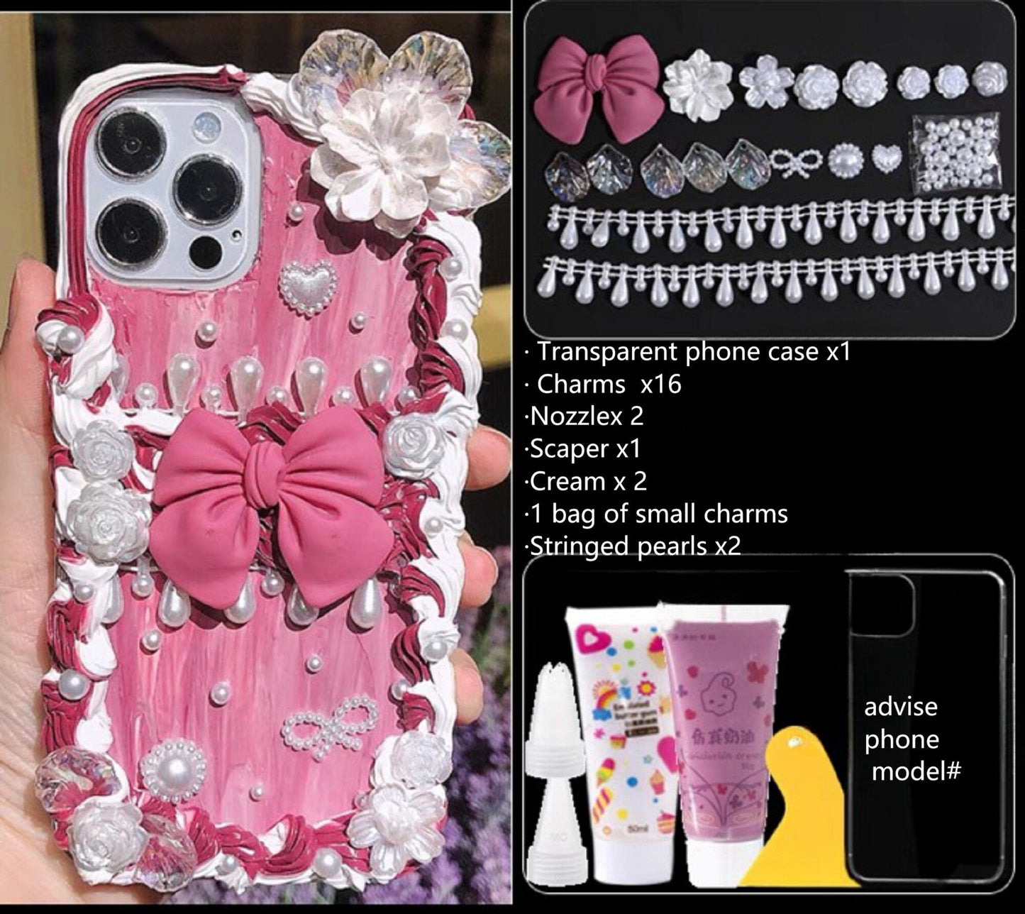 Decoden Custom Phone Case DIY Craft Kits | Yellow Pink Ribbons Daises Flowers Tear Drop Pearls Charms | Samsung Android