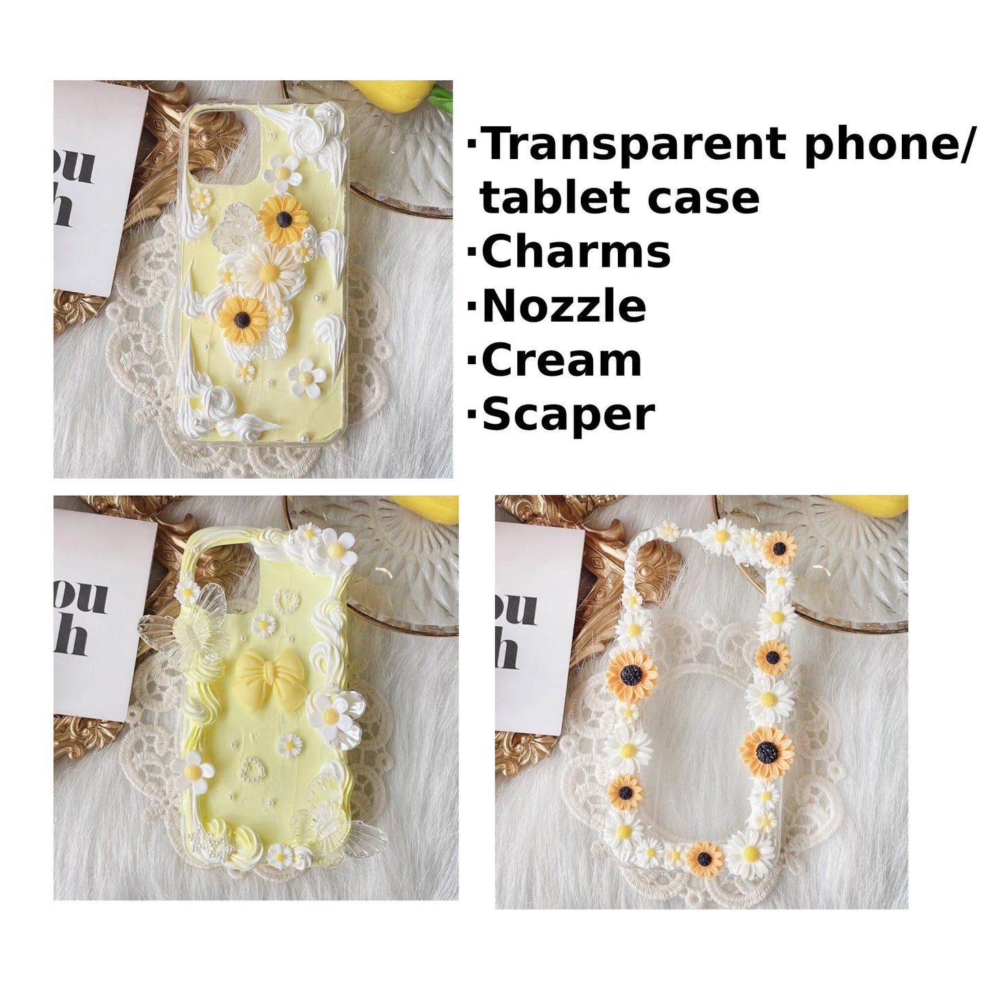 Decoden Custom Phone Case DIY Craft Kits | Yellow White Daises Flowers Butterflies Pearls Charms | Samsung Android
