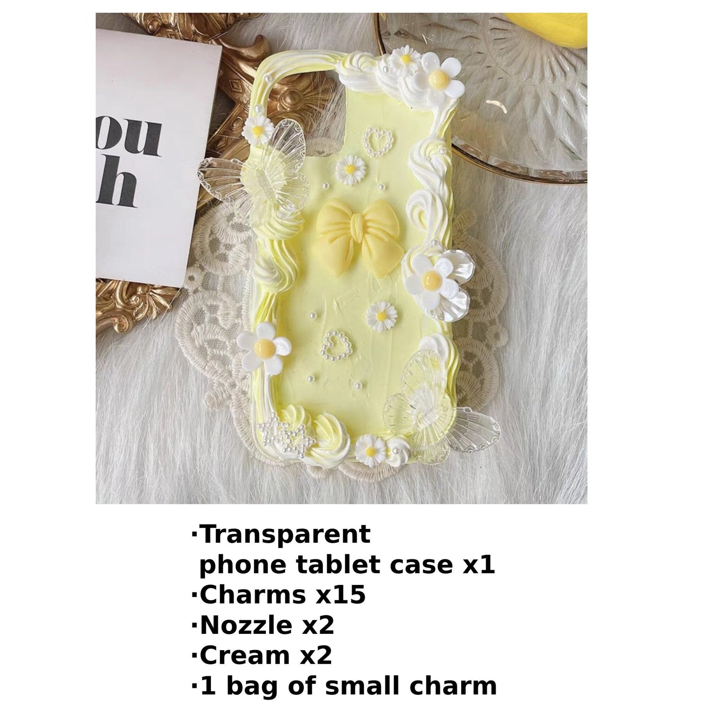 Decoden Custom Phone Case DIY Craft Kits | Yellow White Daises Flowers Butterflies Pearls Charms | Samsung Android