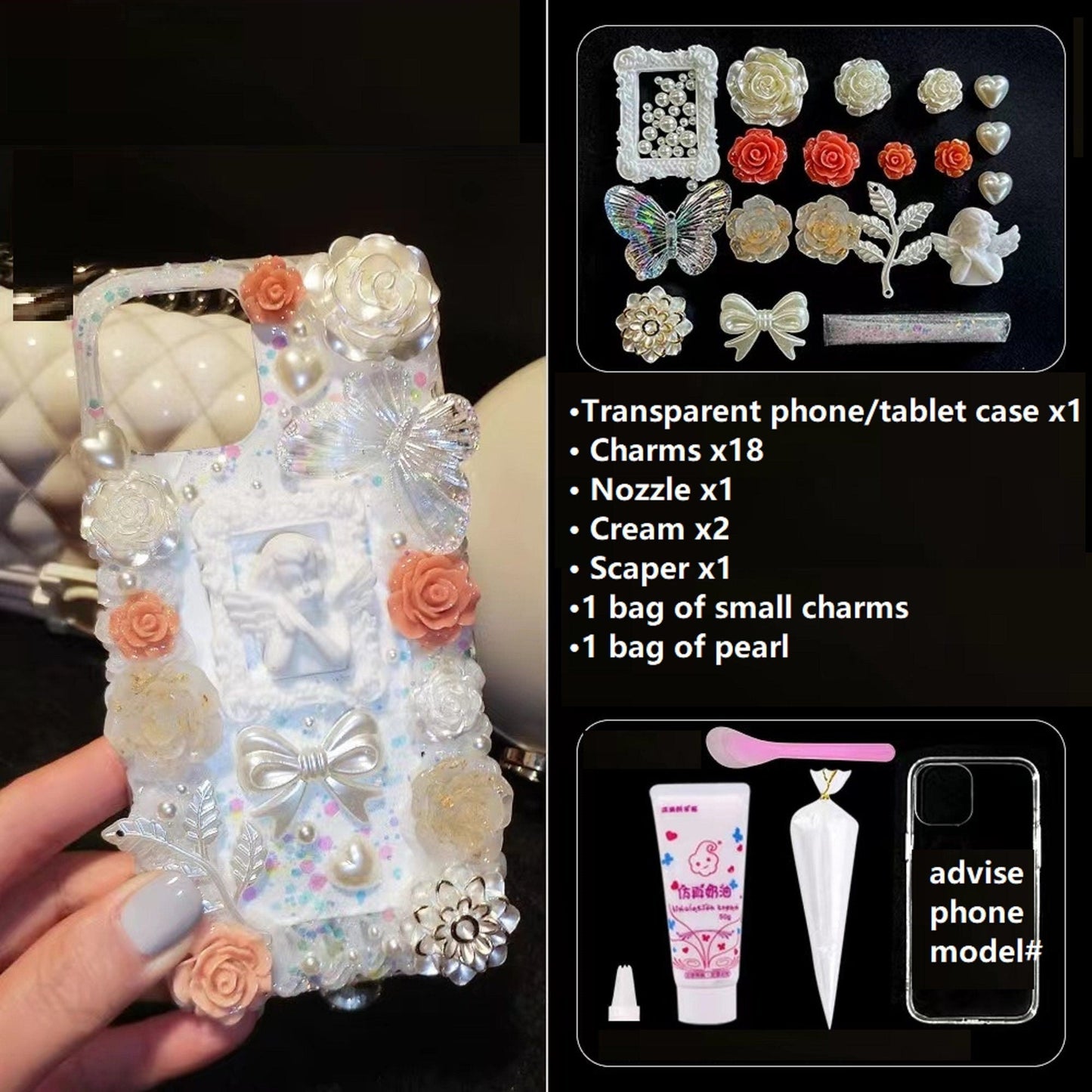 Decoden Phone Case DIY Craft Kits | Iridescent Flowers Bows Stringed Pearls Frames Charms | Samsung Android iPhone