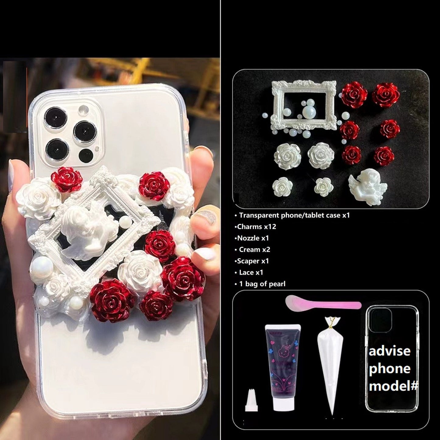 Decoden Phone Case DIY Craft Kits | Iridescent Flowers Bows Stringed Pearls Frames Charms | Samsung Android iPhone