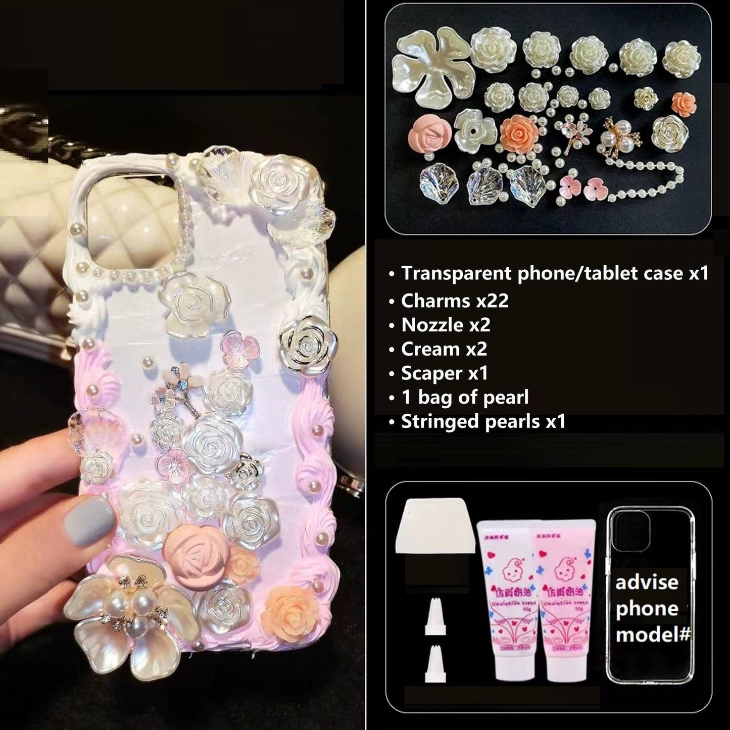 Decoden Phone Case DIY Craft Kits | Iridescent Flowers Bows Stringed Pearls Frames Charms | Samsung Android iPhone