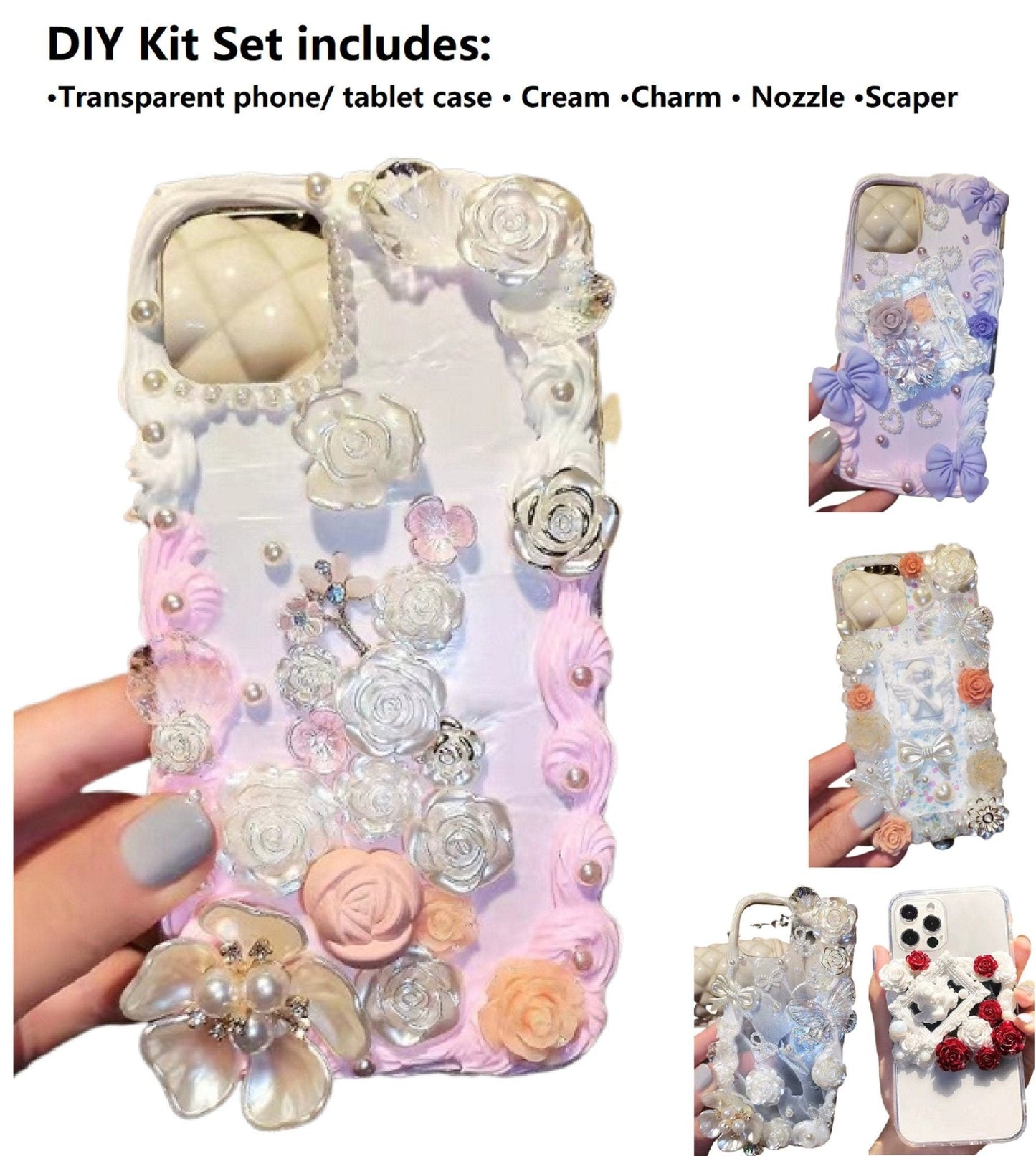 Decoden Phone Case DIY Craft Kits | Iridescent Flowers Bows Stringed Pearls Frames Charms | Samsung Android iPhone