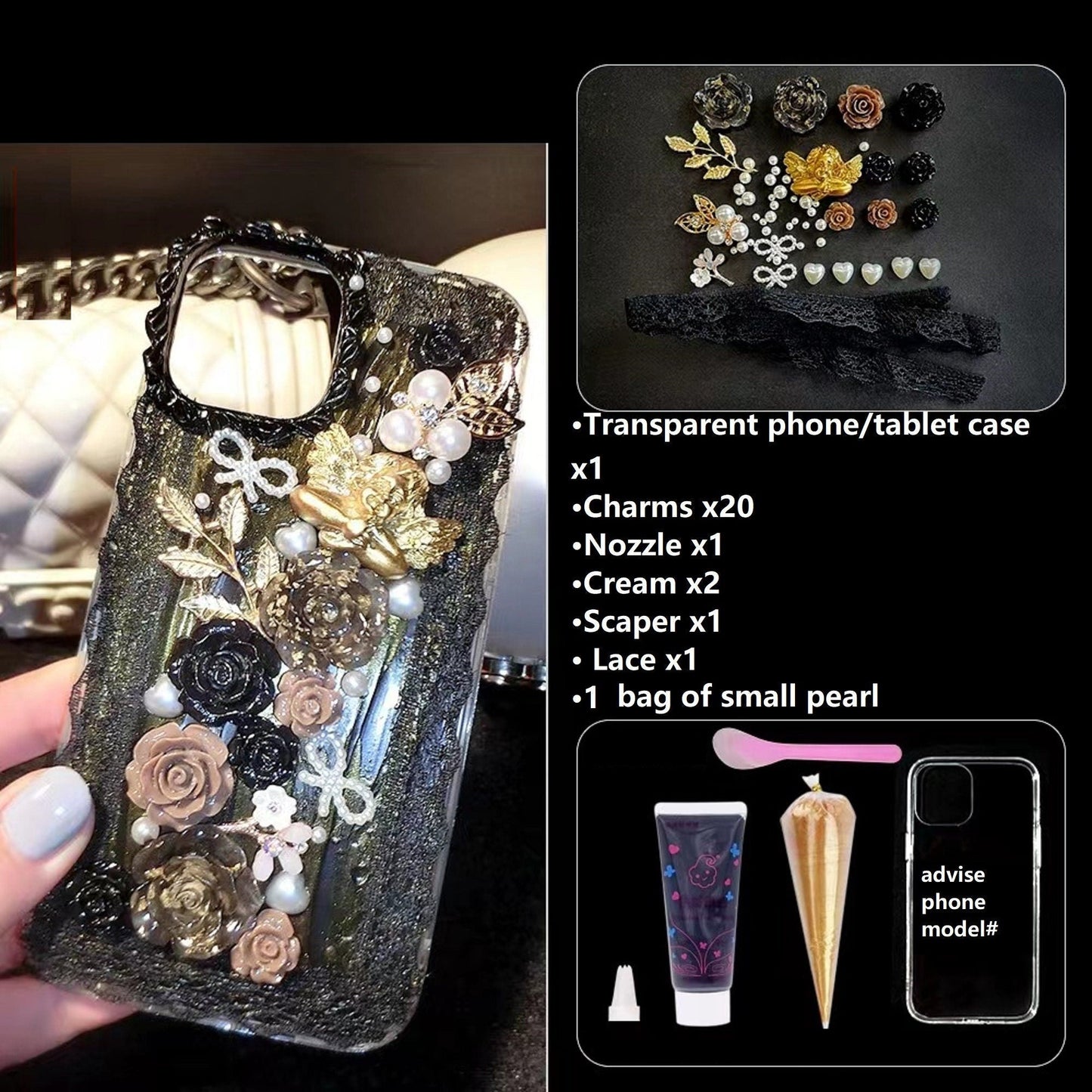 Decoden Phone Case DIY Craft Kits | Iridescent Flowers Bows Stringed Pearls Frames Charms | Samsung Android iPhone