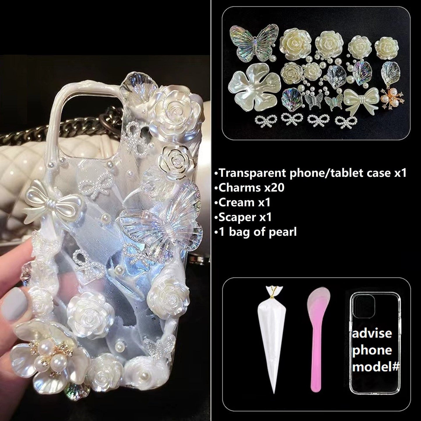 Decoden Phone Case DIY Craft Kits | Iridescent Flowers Bows Stringed Pearls Frames Charms | Samsung Android iPhone