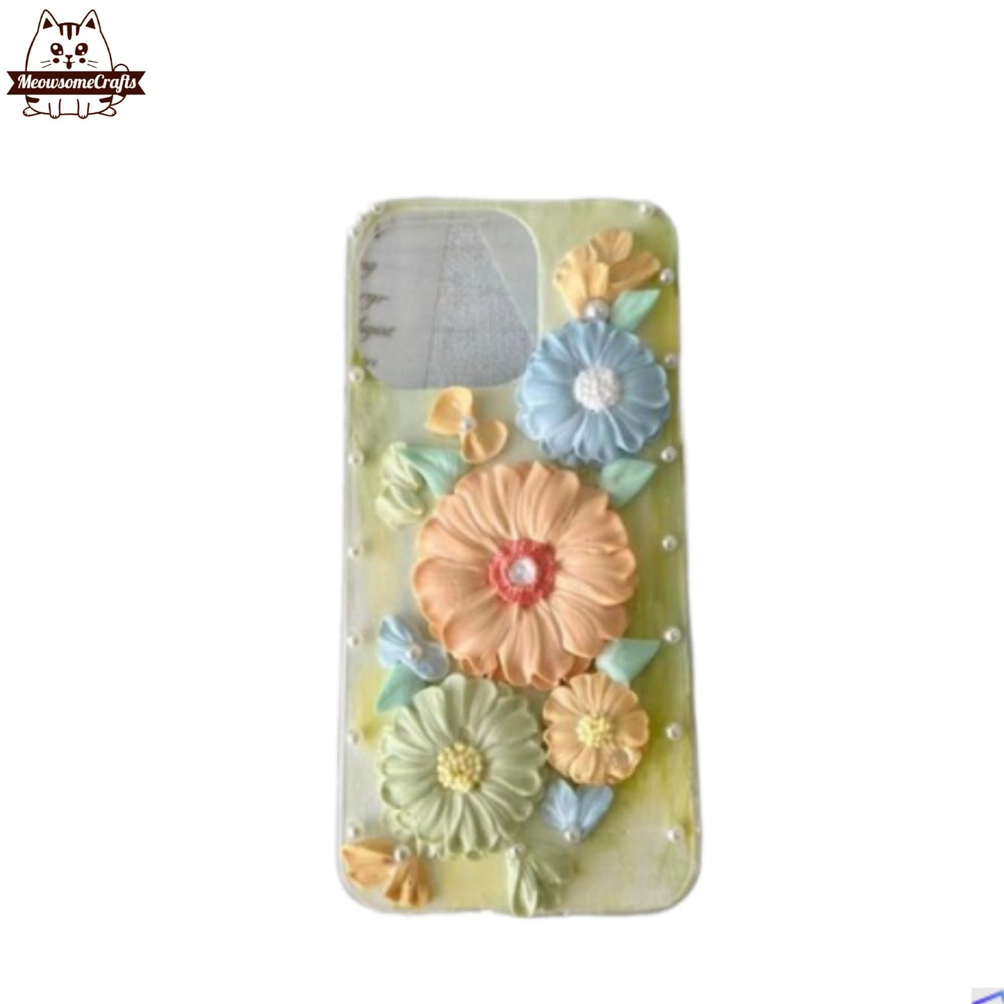 Finished Handmade Decoden Phone Case | Daisy Flowers Petals Orange Blue Green Pearls Charms | Samsung Android iPhone