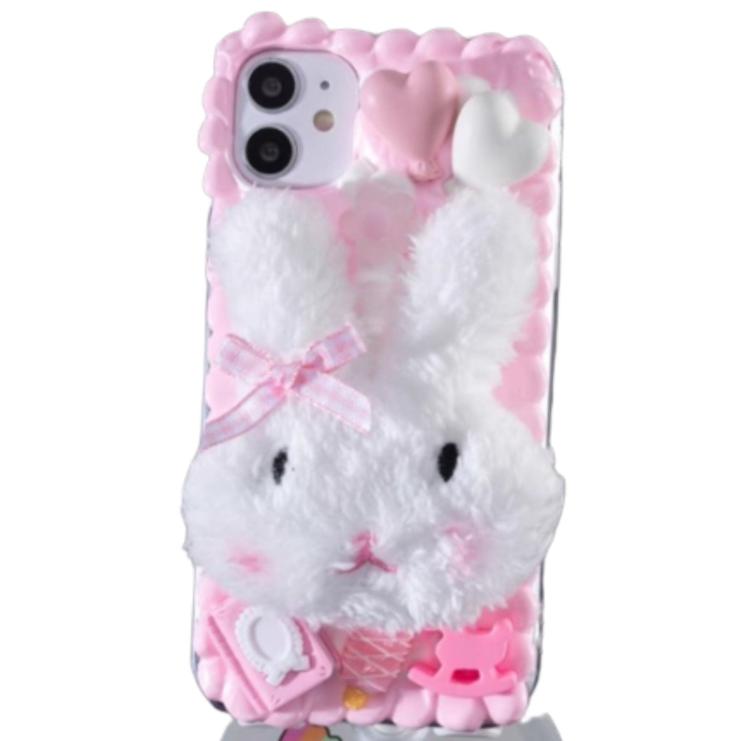 Finished Handmade Decoden Phone Case | Furry Plush Rabbit Face Heart Balloons Charms | Samsung Android iPhone Cases