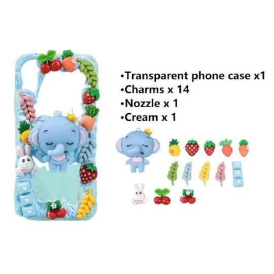 Finished Handmade Decoden Phone Case | Kawaii Baby Elephant Fruits Pineapple Cherry Strawberry Charms | Samsung Android
