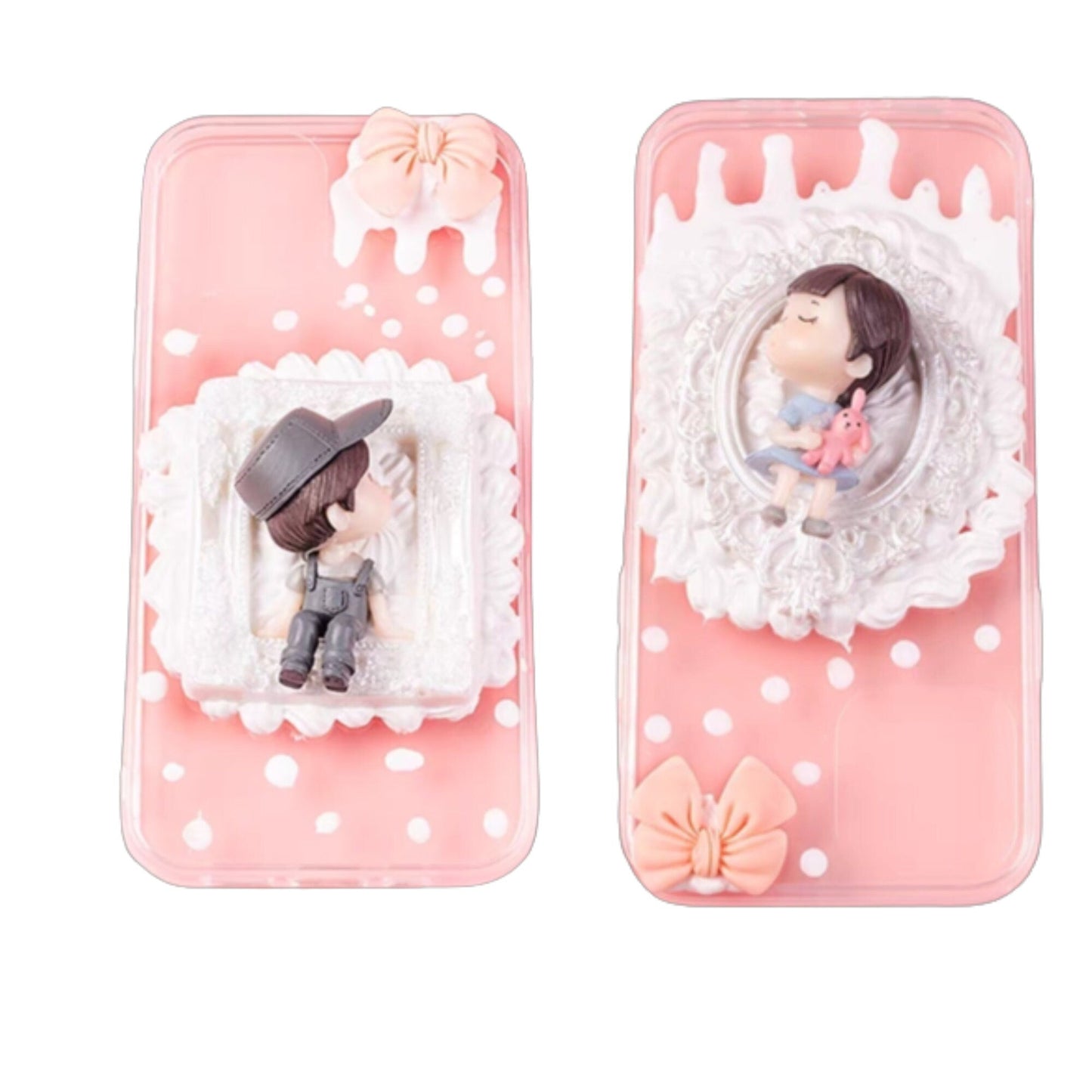 Finished Handmade Decoden Phone Case | Kawaii Boy Girl Lovers Kiss Bench Frames Bows Charms | Samsung Android iPhone