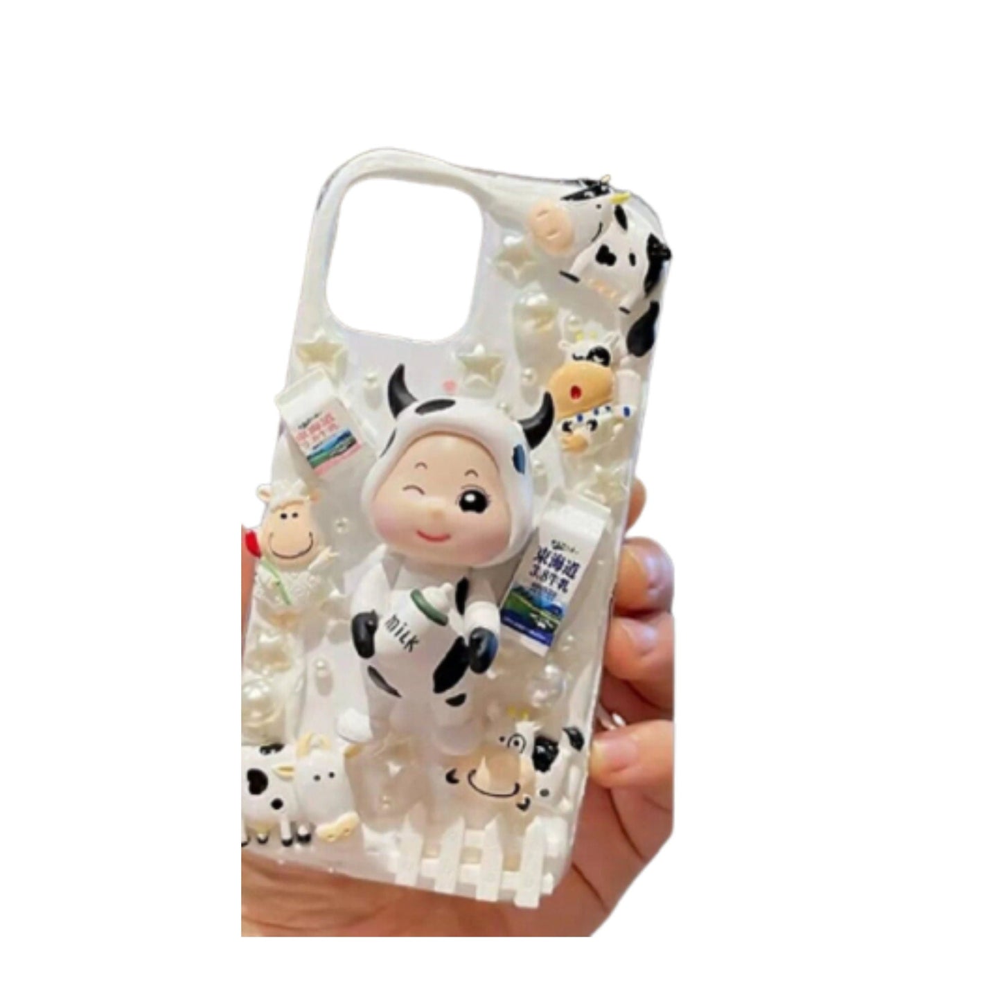 Finished Handmade Decoden Phone Case | Kawaii Cow Costume Baby Cows Milk Cartons Sheep Pearls Charms | Samsung Android