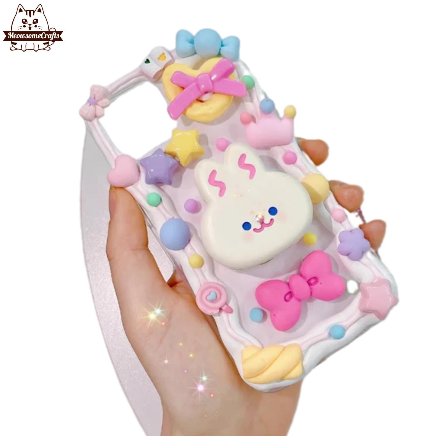 Finished Handmade Decoden Phone Case | Kawaii Rabbit Ice Cream Sandwich Candy Hearts Charms | Samsung Android iPhone
