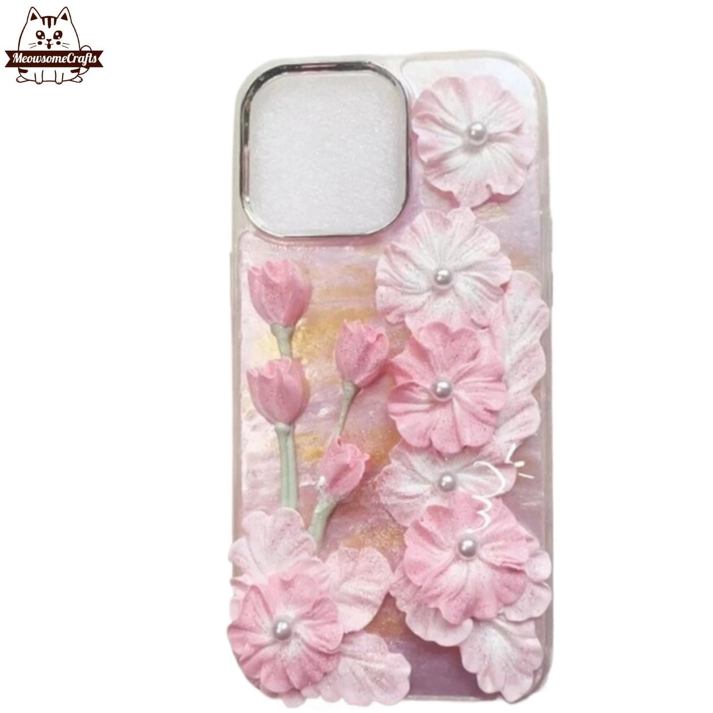 Finished Handmade Decoden Phone Case | Lovely Peach Pink Open Flowers Pearls Charms | Samsung Android iPhone Cases