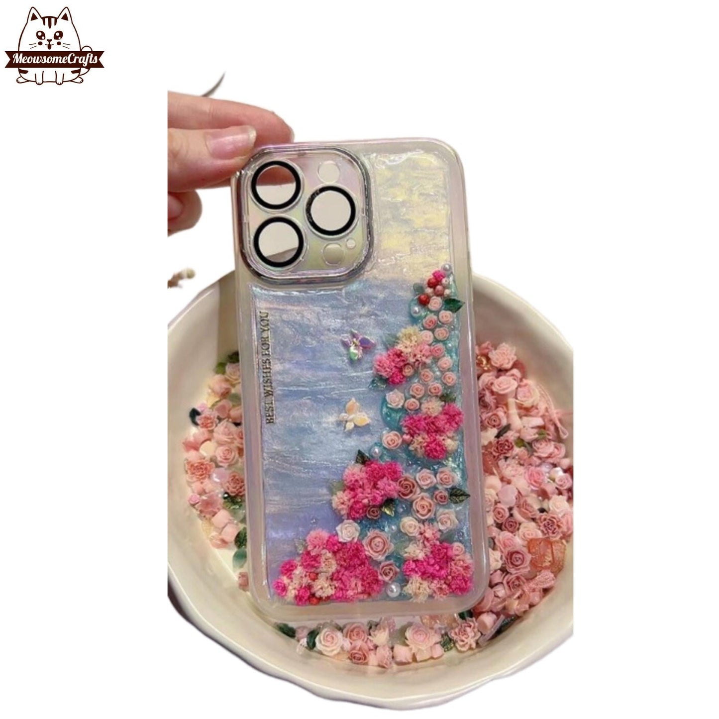 Finished Handmade Decoden Phone Case | Mini Flower Charms Garden Butterflies Pearls Leaves Charms | Samsung Android