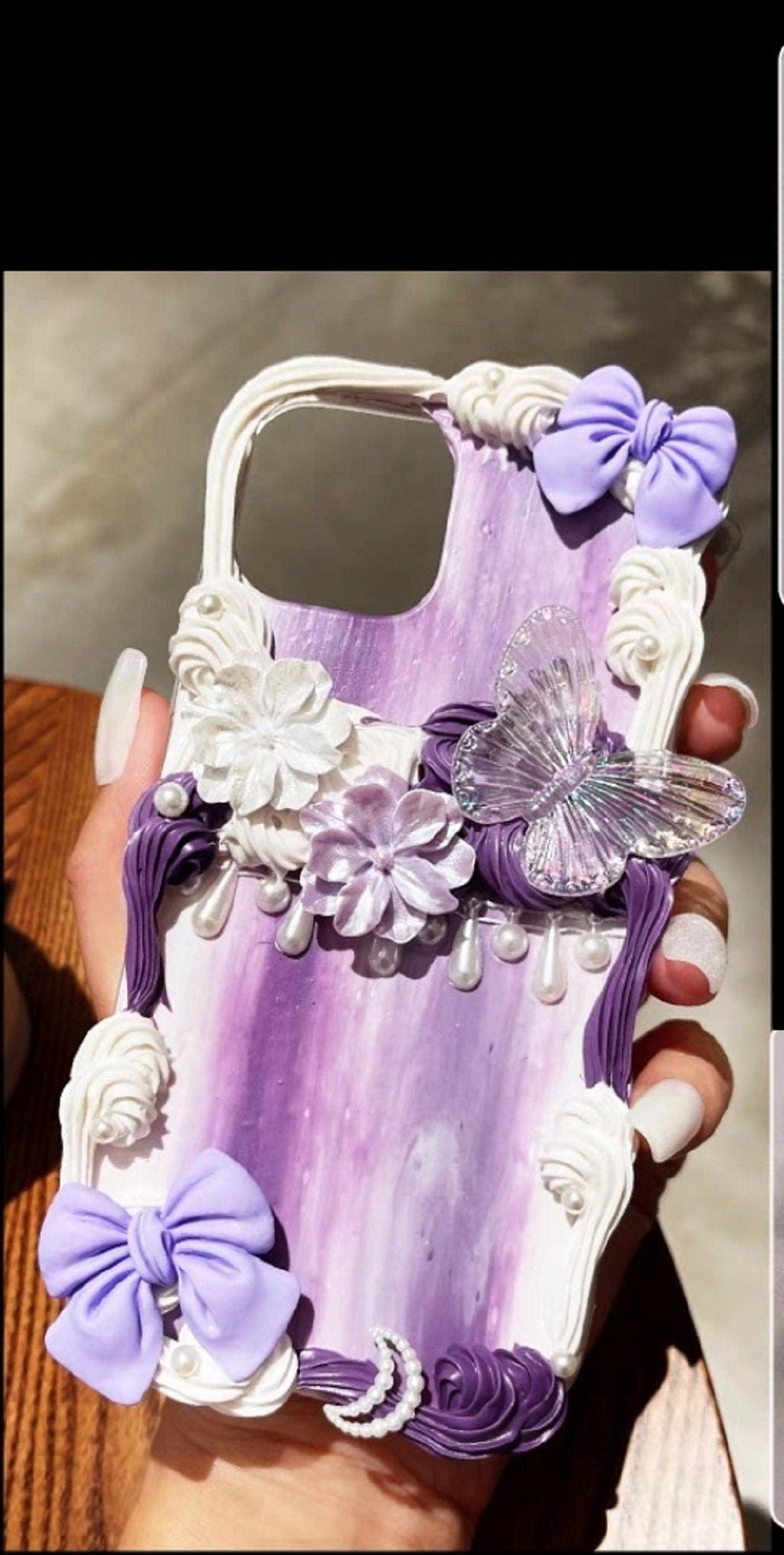 Finished Handmade Decoden Phone Cases | Beautiful Purple Flowers Bows Butterflies Charms | Samsung Android iPhone Cases