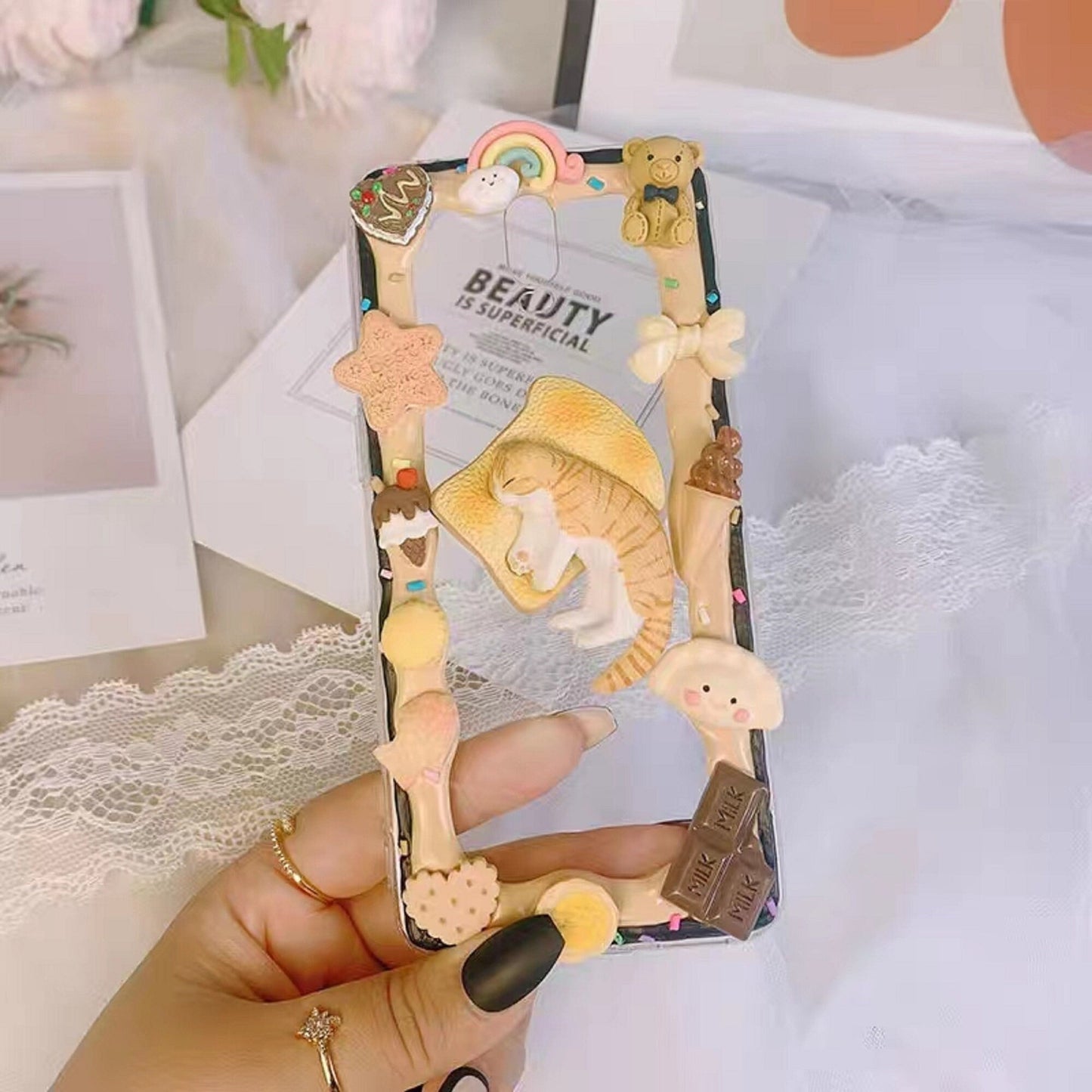 Finished Handmade Decoden Phone Cases | Cat Sleeping On Toast Cookies Crackers Food Charms | Samsung Android iPhone