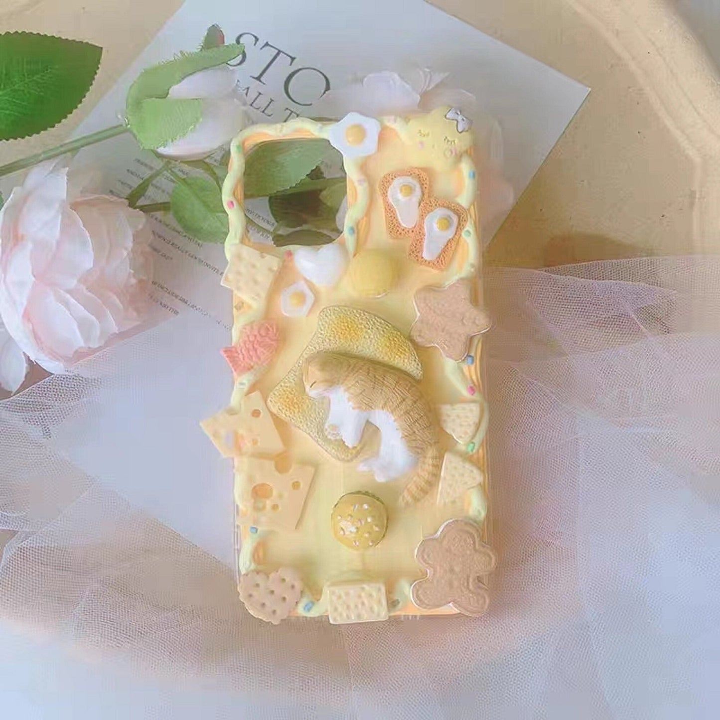 Finished Handmade Decoden Phone Cases | Cat Sleeping On Toast Cookies Crackers Food Charms | Samsung Android iPhone