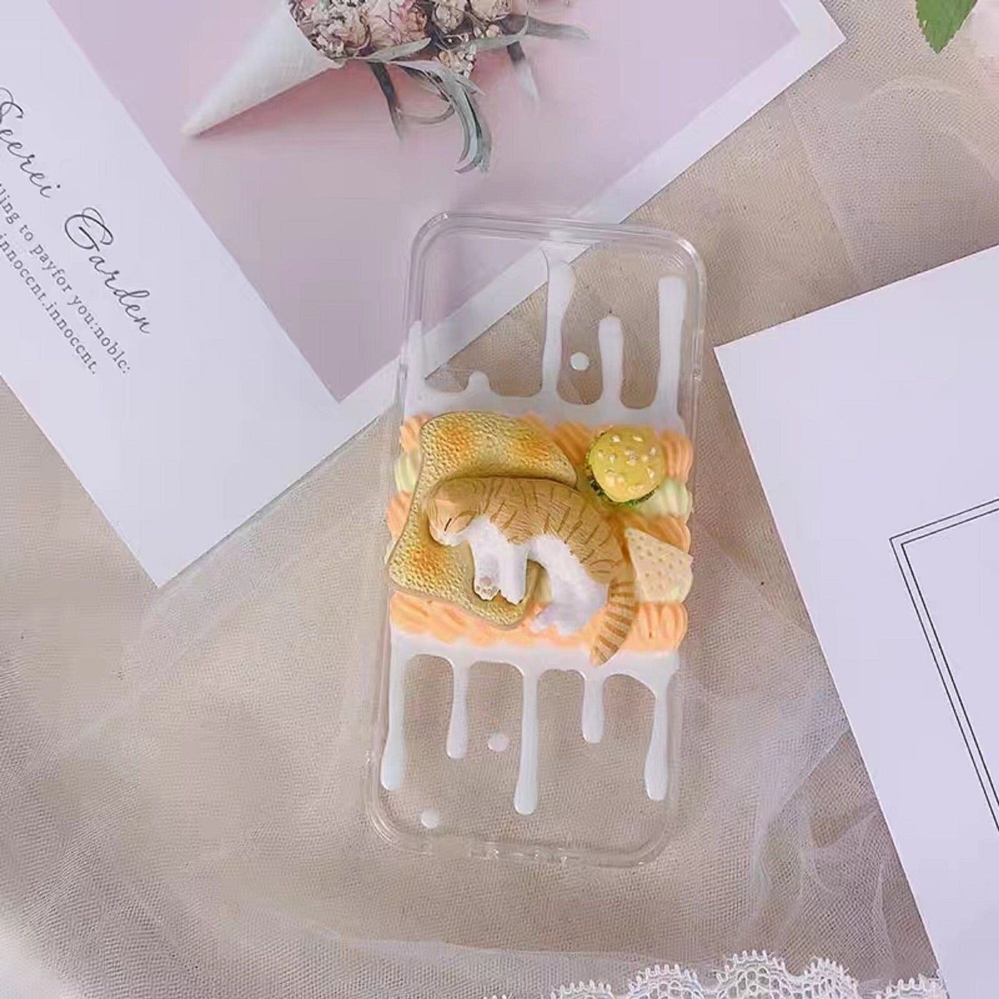 Finished Handmade Decoden Phone Cases | Cat Sleeping On Toast Cookies Crackers Food Charms | Samsung Android iPhone