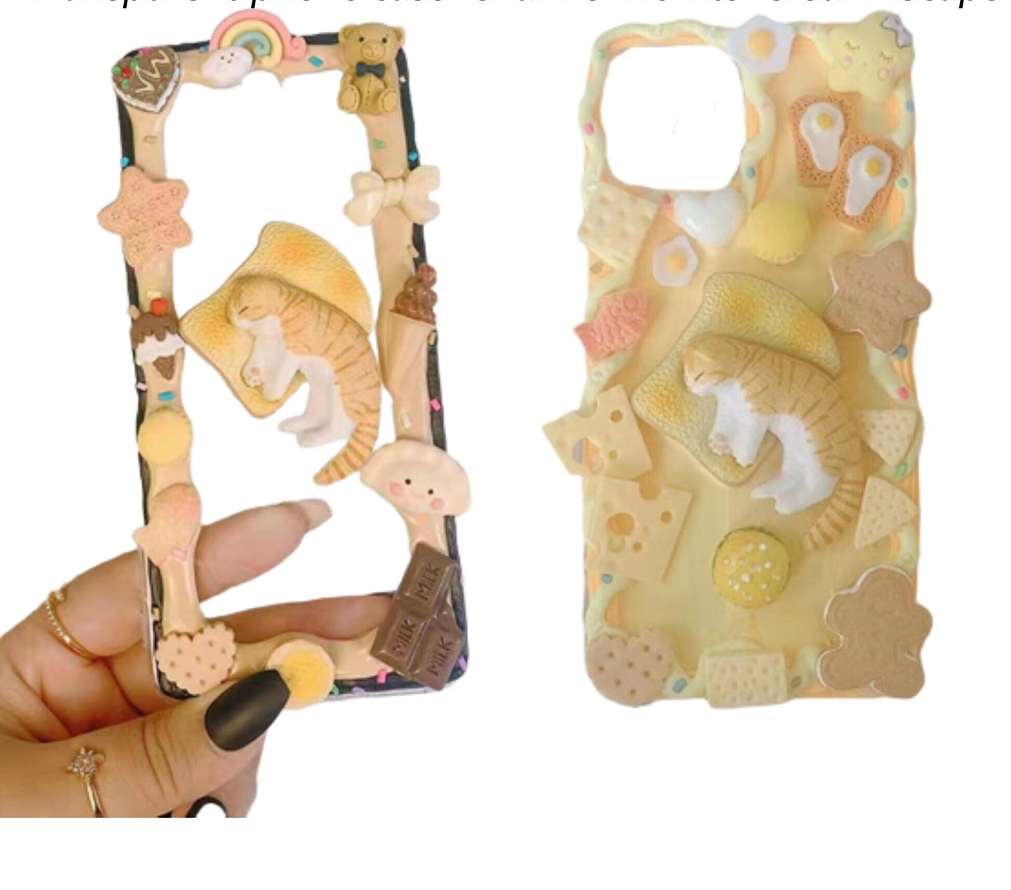 Finished Handmade Decoden Phone Cases | Cat Sleeping On Toast Cookies Crackers Food Charms | Samsung Android iPhone
