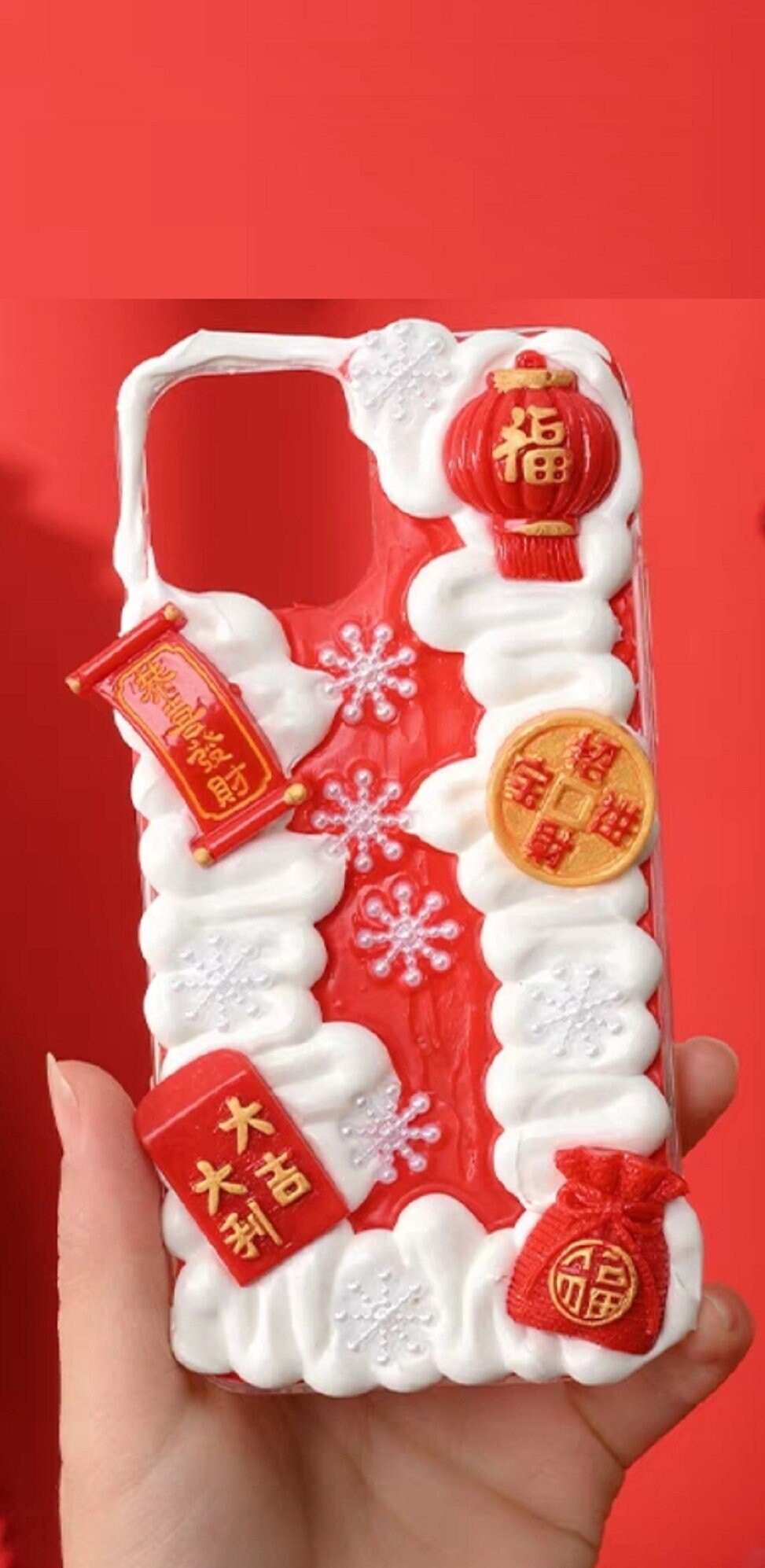 Finished Handmade Decoden Phone Cases | Chinese Fortune Cat Lantern Scroll Lucky Bag Money Tree Charms | Samsung