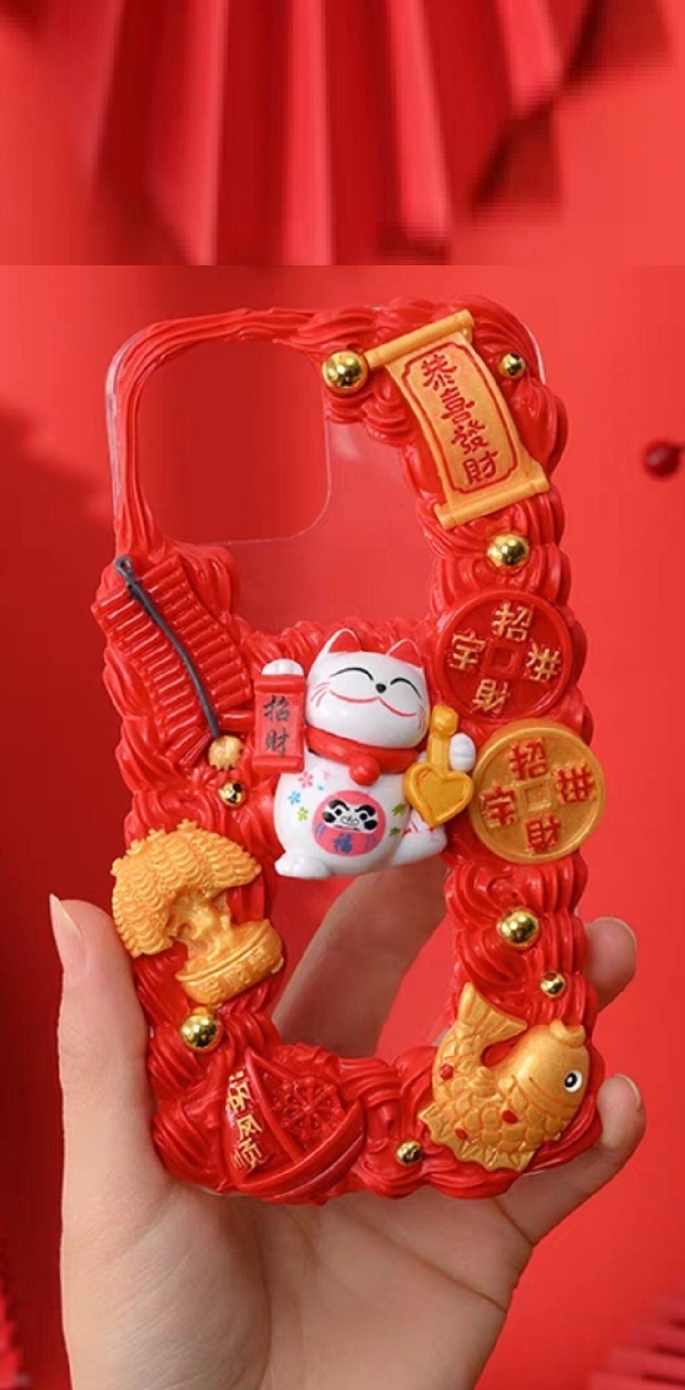 Finished Handmade Decoden Phone Cases | Chinese Fortune Cat Lantern Scroll Lucky Bag Money Tree Charms | Samsung