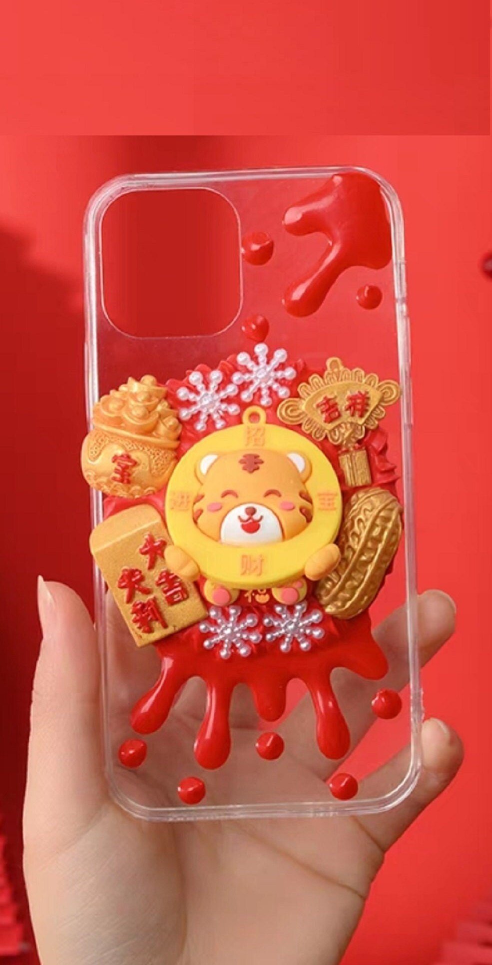 Finished Handmade Decoden Phone Cases | Chinese Fortune Cat Lantern Scroll Lucky Bag Money Tree Charms | Samsung
