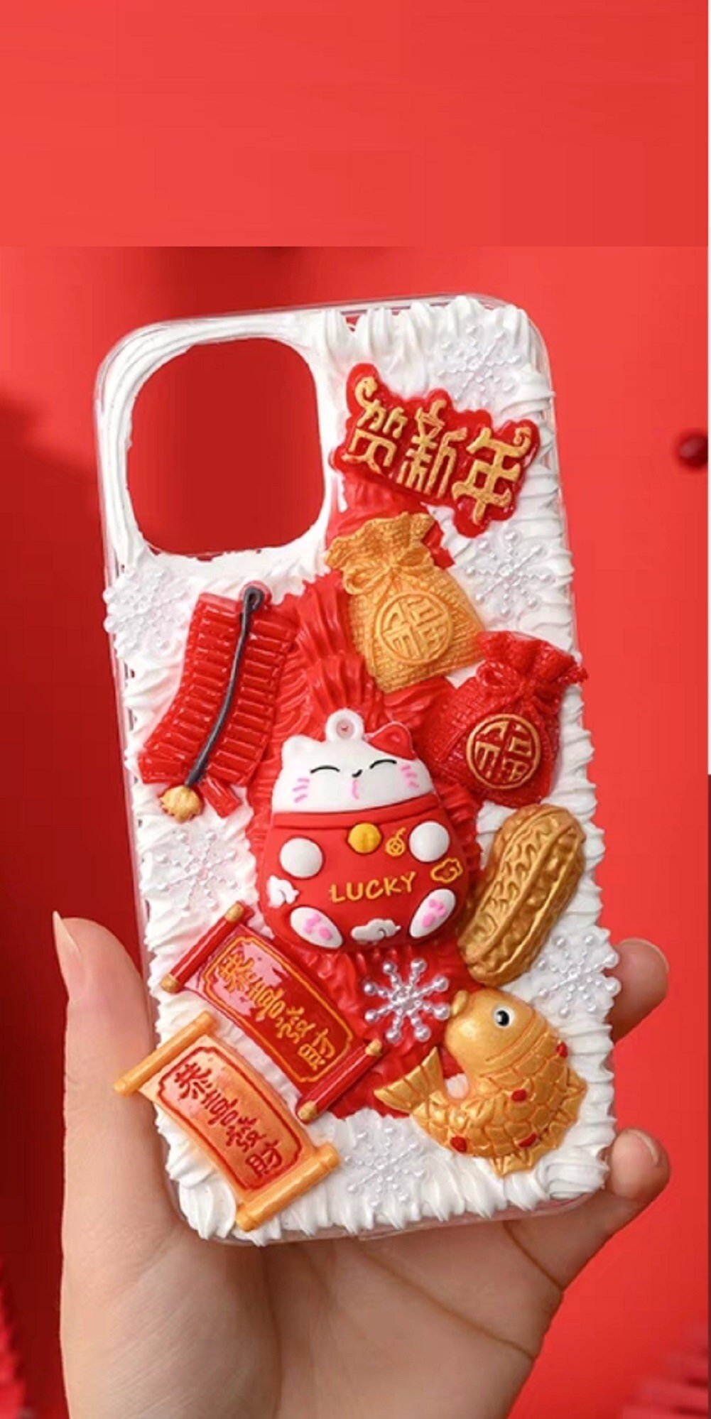 Finished Handmade Decoden Phone Cases | Chinese Fortune Cat Lantern Scroll Lucky Bag Money Tree Charms | Samsung
