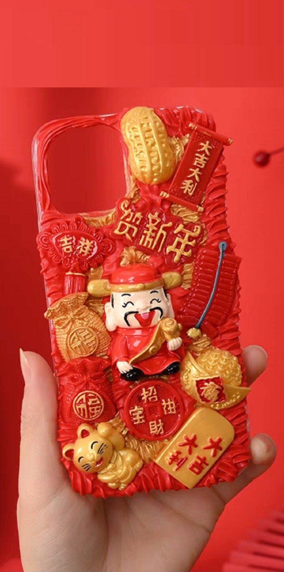 Finished Handmade Decoden Phone Cases | Chinese Fortune Cat Lantern Scroll Lucky Bag Money Tree Charms | Samsung
