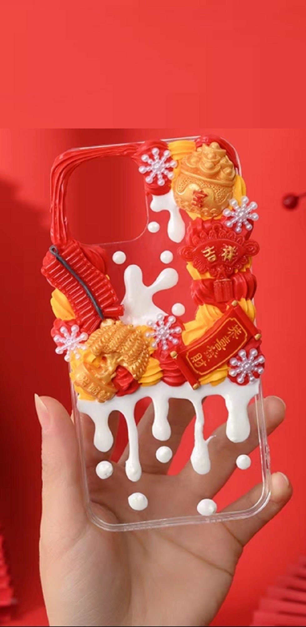 Finished Handmade Decoden Phone Cases | Chinese Fortune Cat Lantern Scroll Lucky Bag Money Tree Charms | Samsung