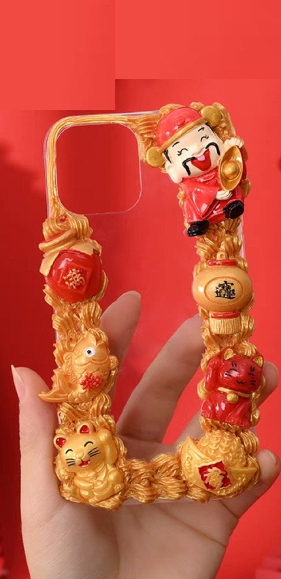 Finished Handmade Decoden Phone Cases | Chinese Fortune Cat Lantern Scroll Lucky Bag Money Tree Charms | Samsung