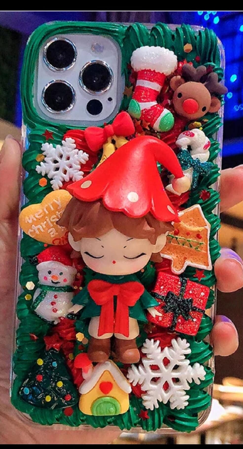 Finished Handmade Decoden Phone Cases | Christmas Kawaii Anime Girl Elf Santa Reindeer Charms | Samsung Android iPhone