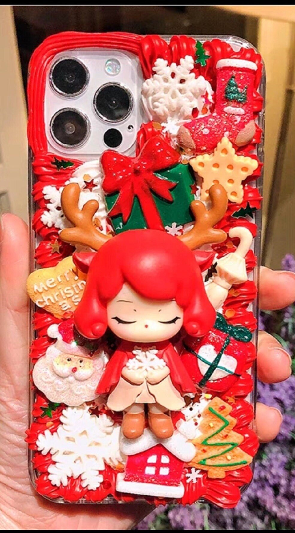 Finished Handmade Decoden Phone Cases | Christmas Kawaii Anime Girl Elf Santa Reindeer Charms | Samsung Android iPhone