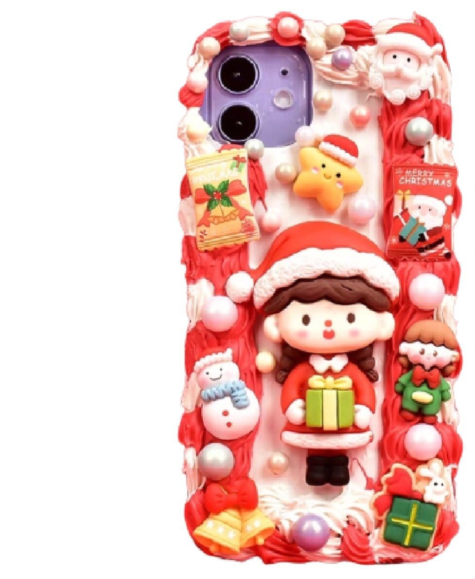 Finished Handmade Decoden Phone Cases | Christmas Kawaii Girl Santa Snowman Reindeer Winter Hats Cookies Phones Charms