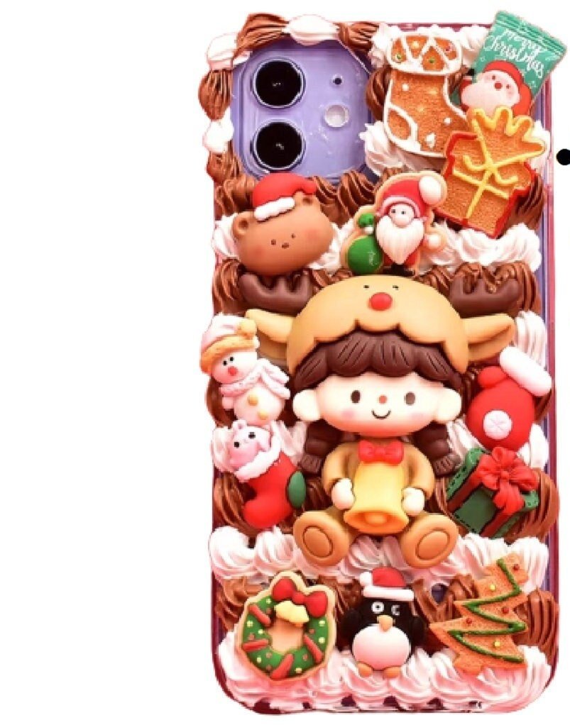 Finished Handmade Decoden Phone Cases | Christmas Kawaii Girl Santa Snowman Reindeer Winter Hats Cookies Phones Charms