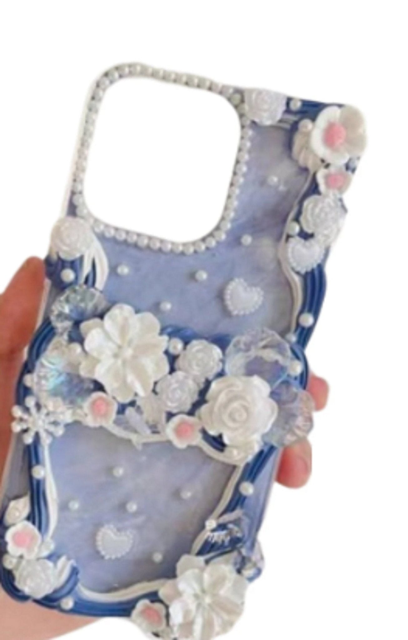 Finished Handmade Decoden Phone Cases | Flowers Daffodils Roses Teardrop Pearls Bows Charms | Samsung Android iPhone