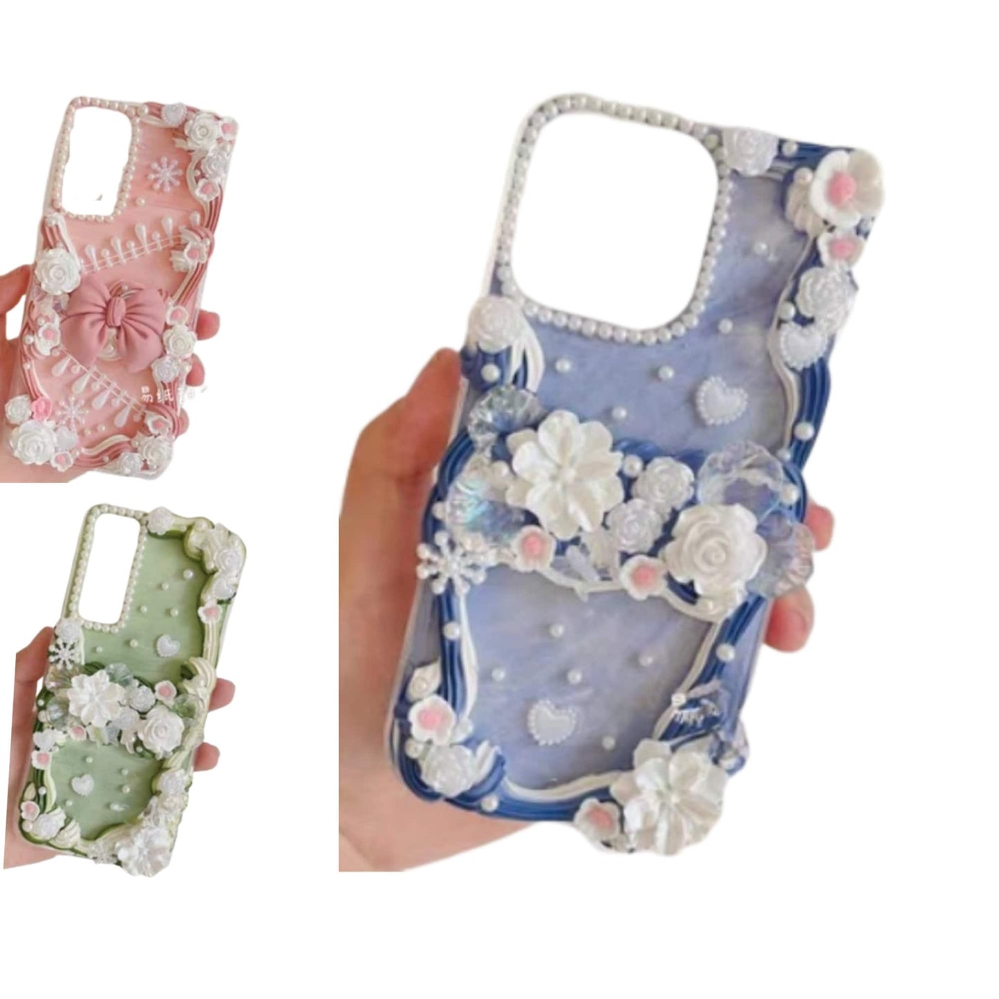 Finished Handmade Decoden Phone Cases | Flowers Daffodils Roses Teardrop Pearls Bows Charms | Samsung Android iPhone