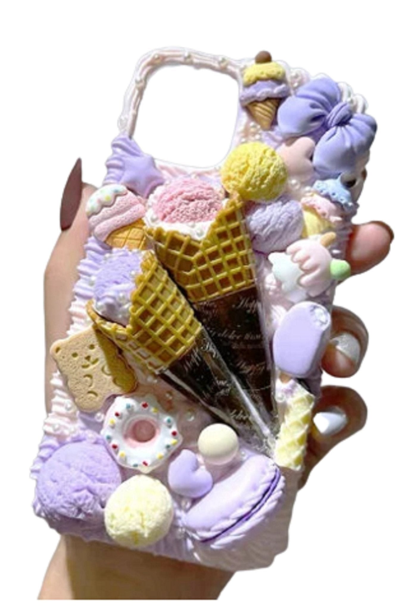 Finished Handmade Decoden Phone Cases | Ice Cream Scoops Waffle Cones Macaroons Candy Hearts Dessert Charms | Samsung