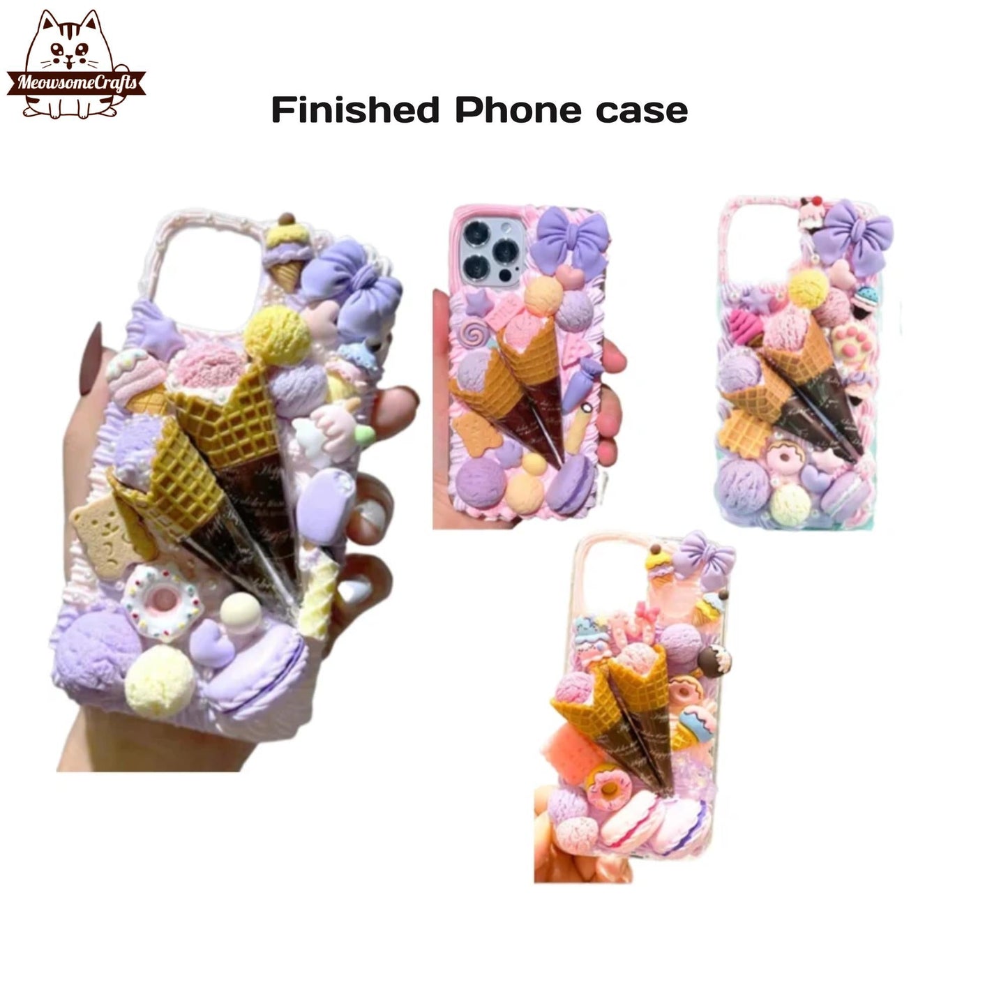 Finished Handmade Decoden Phone Cases | Ice Cream Scoops Waffle Cones Macaroons Candy Hearts Dessert Charms | Samsung
