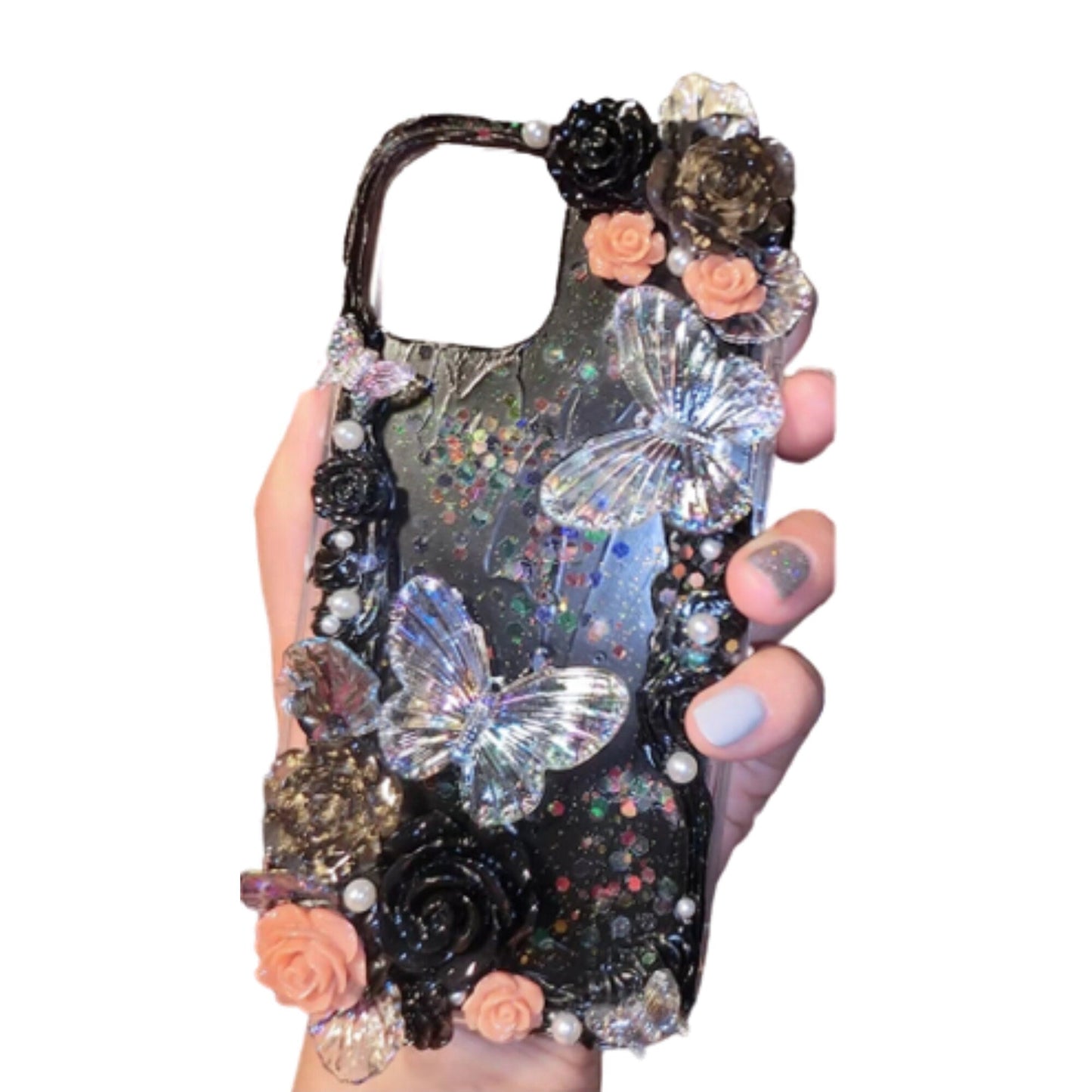 Finished Handmade Decoden Phone Cases | Iridescent Butterflies Flowers Roses Frames Pearls Charms | Samsung Android