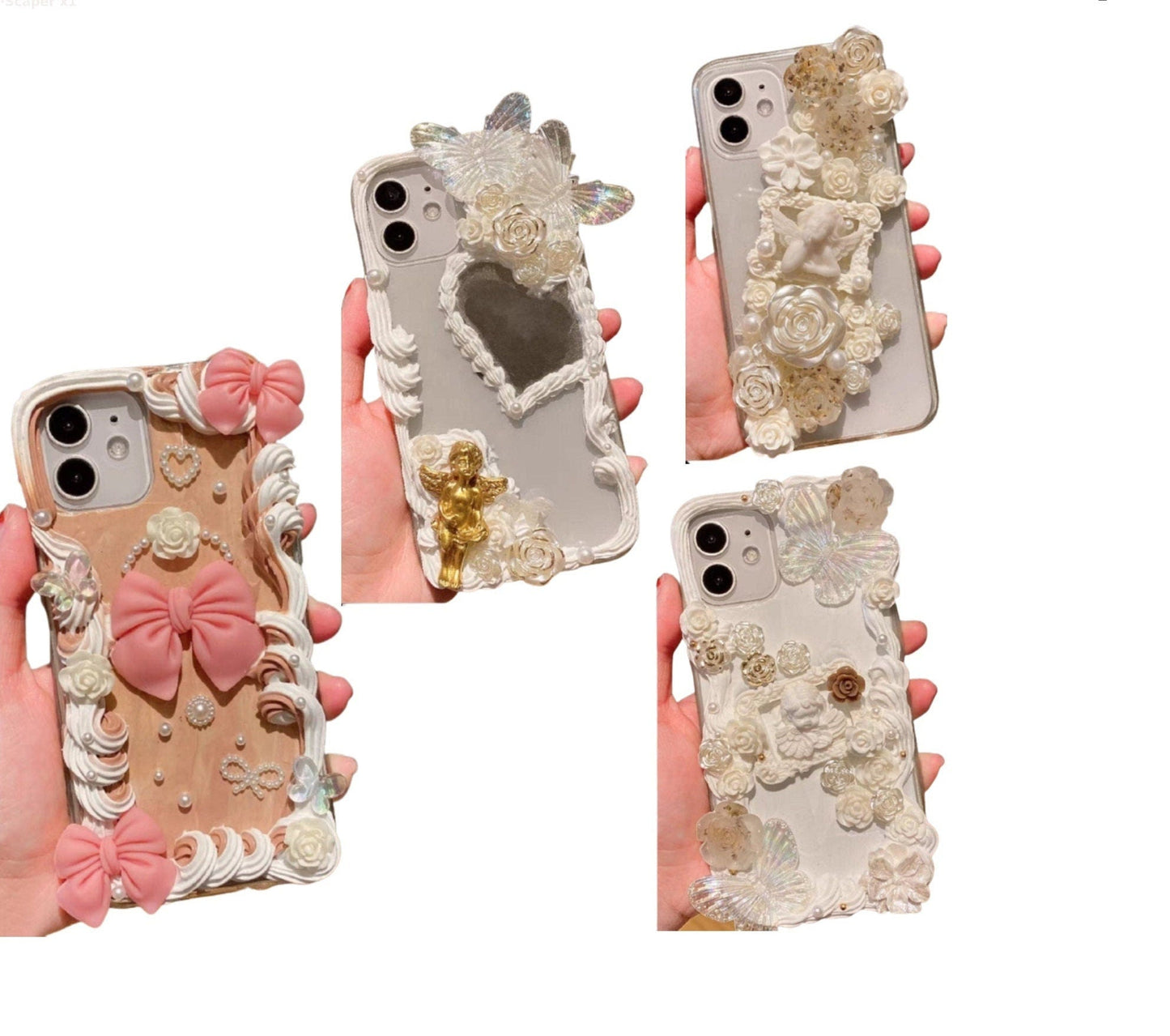 Finished Handmade Decoden Phone Cases | Iridescent Butterflies Mirror Pearls Frames Angels Charms | Samsung Android