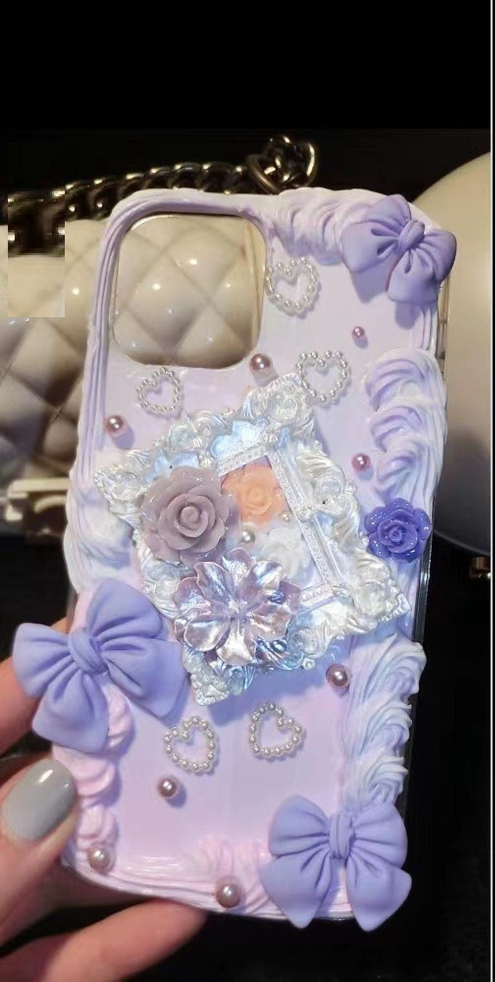 Finished Handmade Decoden Phone Cases | Iridescent Flowers Bows Stringed Pearls Frames Charms | Samsung Android iPhone