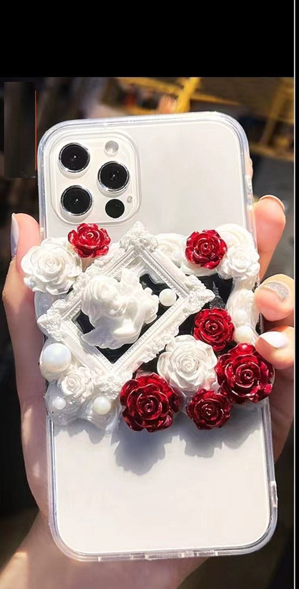 Finished Handmade Decoden Phone Cases | Iridescent Flowers Bows Stringed Pearls Frames Charms | Samsung Android iPhone
