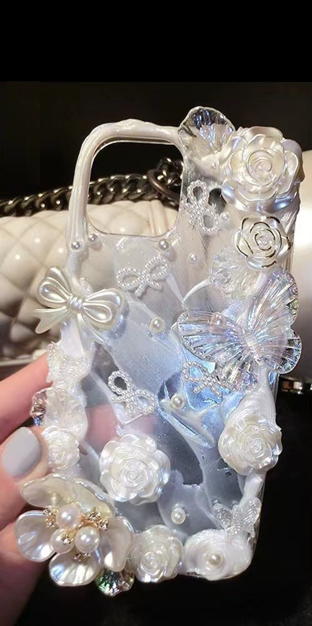 Finished Handmade Decoden Phone Cases | Iridescent Flowers Bows Stringed Pearls Frames Charms | Samsung Android iPhone