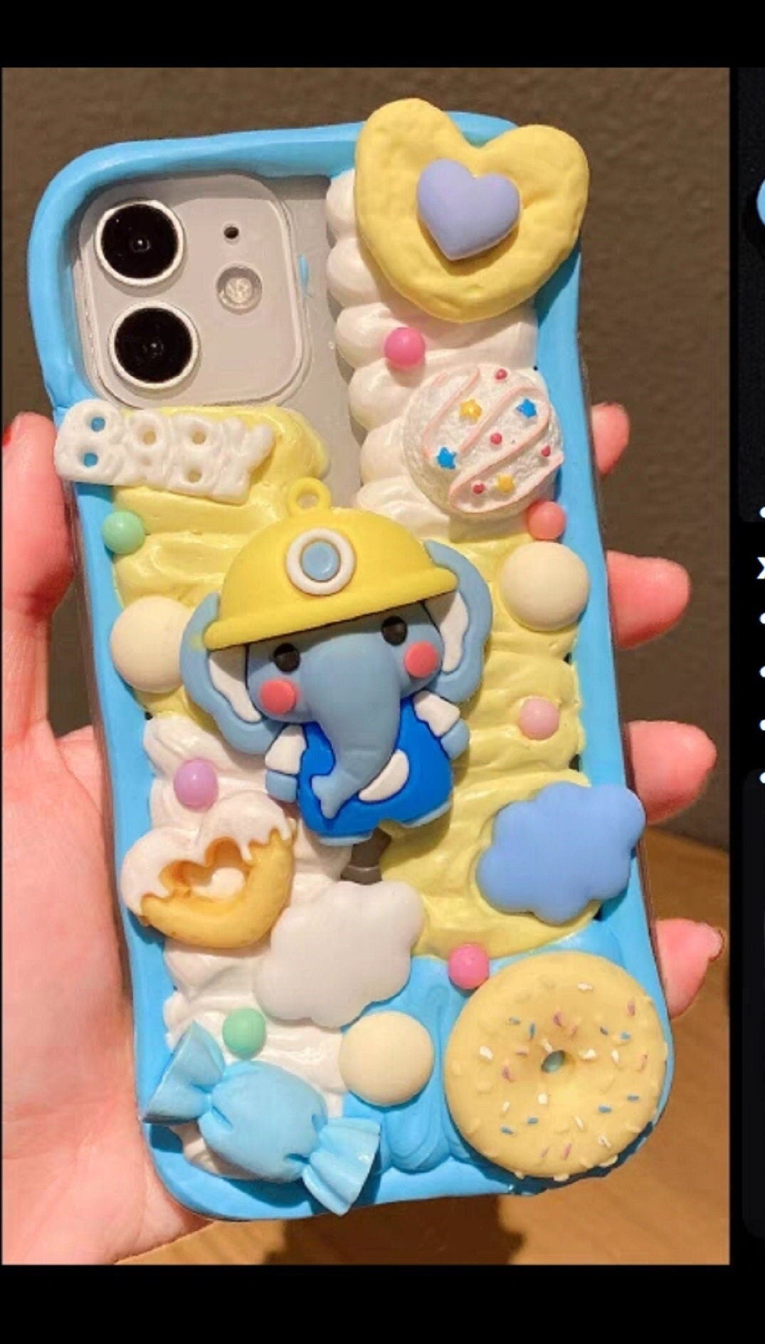 Finished Handmade Decoden Phone Cases | Kawaii Elephant Rabbit Baby Clouds Stars Candy Charms | Samsung Android iPhone