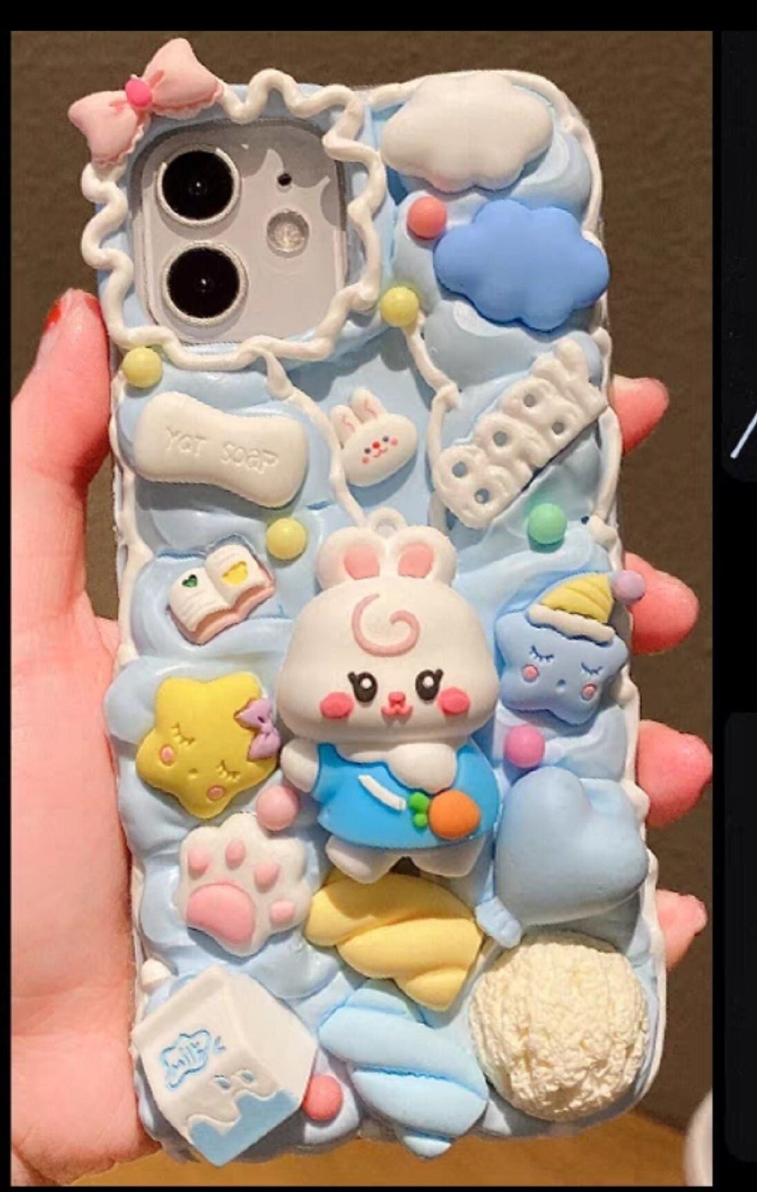 Finished Handmade Decoden Phone Cases | Kawaii Elephant Rabbit Baby Clouds Stars Candy Charms | Samsung Android iPhone