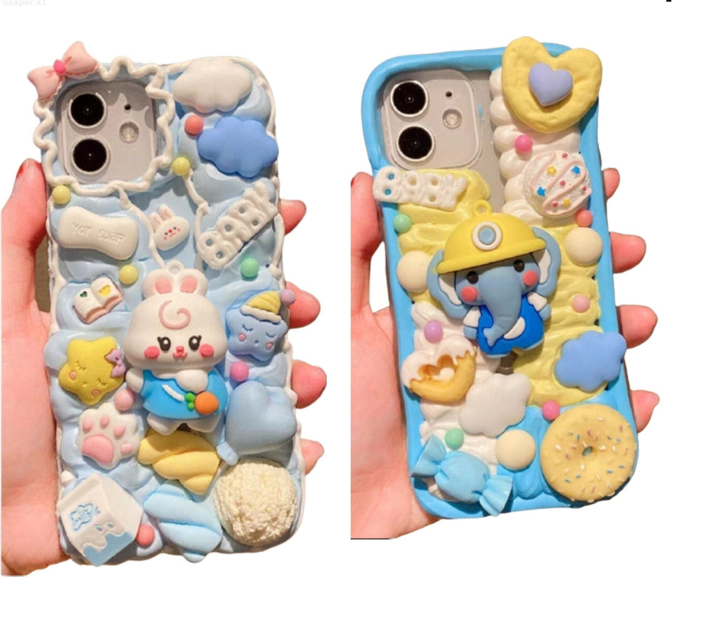 Finished Handmade Decoden Phone Cases | Kawaii Elephant Rabbit Baby Clouds Stars Candy Charms | Samsung Android iPhone